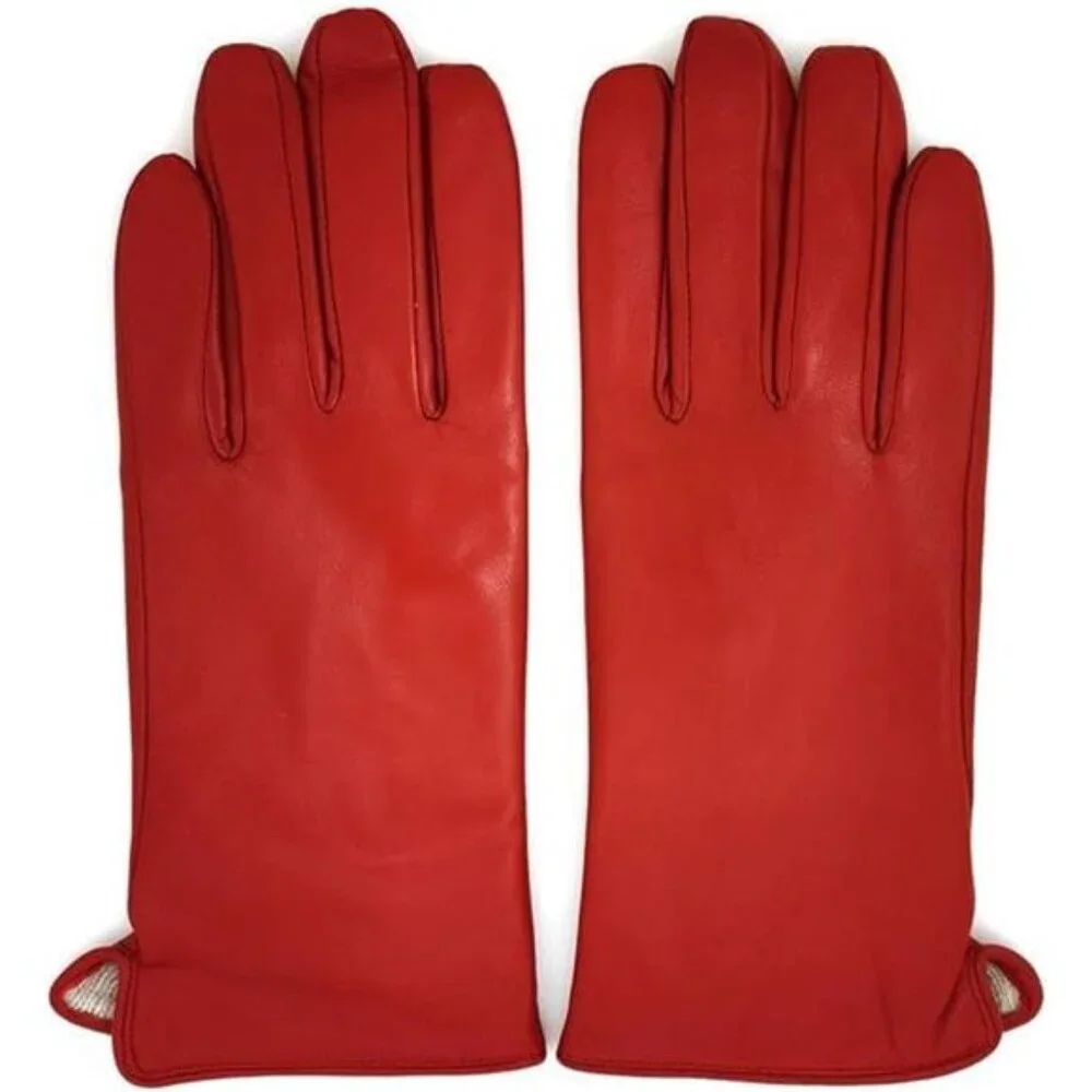 NWT Luxury Lambskin Leather Touchscreen Cashmere Lined Gloves Red Women